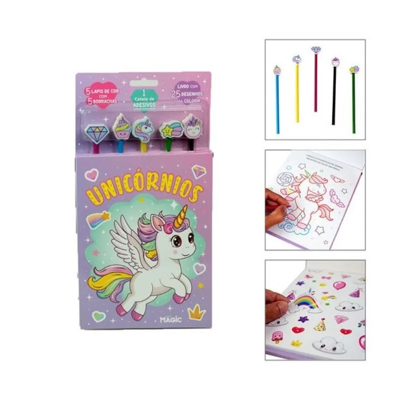 KIT DE LIVRO UNICÓRNIOS - COM LÁPIS E 5 BORRACHAS PARA COLORIR CARTELA DE ADESIVOS