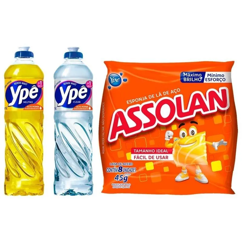 Kit - 96 Detergentes Ypê Clear 500ml + 96 Detergentes Ypê Neutro 500ml + 60 Esponjas De Aço Assolan 45g