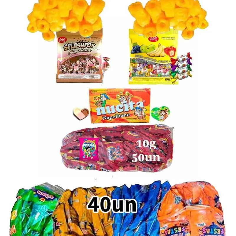 Kit Festa 40 Chips Mix 40un Bala Erlan Frutas, Nucita,