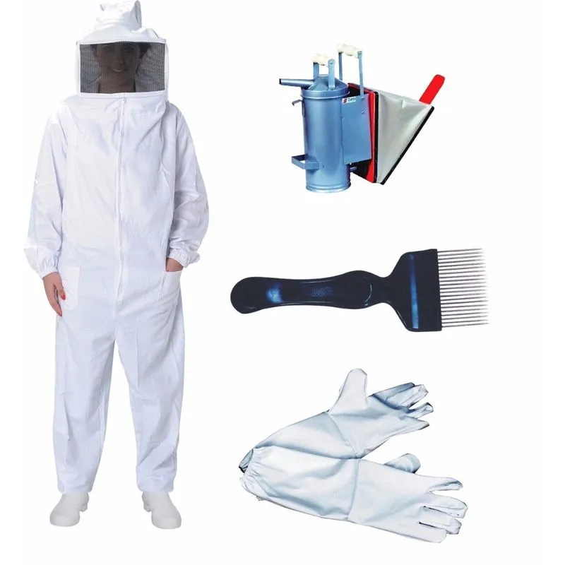 Kit Macacão Apicultor Brim G Fumigador Garfo e Luvas Suécia