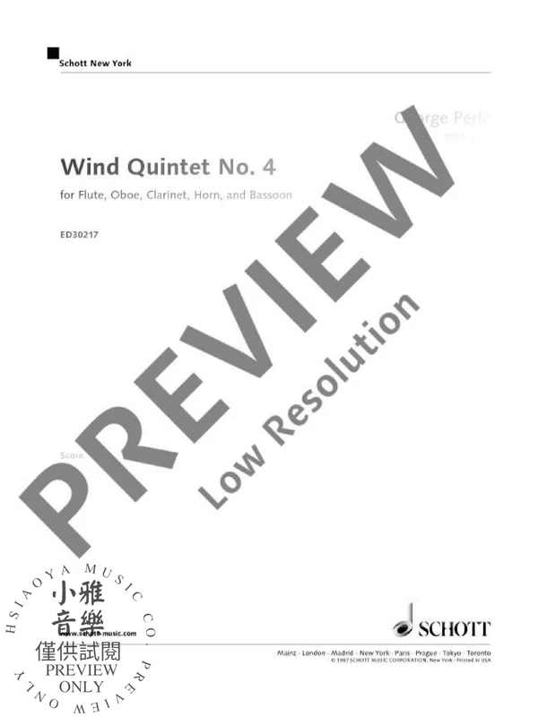 Woodwind Quintet No. 4 for flute, oboe, clarinet, horn and bassoon 佩爾 木管五重奏 木管樂器法國號 朔特版