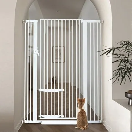 Pet Gate with Cat Door - 55.1 Inch Extra Tall Pressure Mounted Gate for Dogs and Cats Open Box
