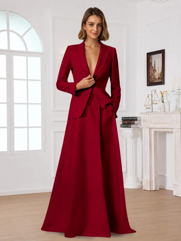 Elegant One Button Women's 2 Piece Suit Dress With Pocket Burgundy