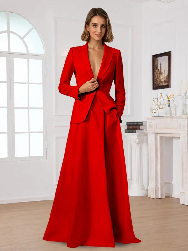 Elegant One Button Women's 2 Piece Suit Dress With Pocket Red