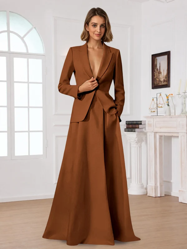 Elegant One Button Women's 2 Piece Suit Dress With Pocket Burnt Orange