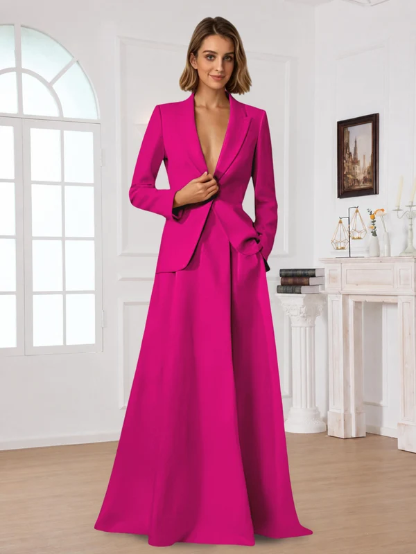 Elegant One Button Women's 2 Piece Suit Dress With Pocket Fuchsia