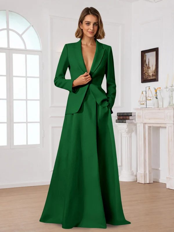 Elegant One Button Women's 2 Piece Suit Dress With Pocket Emerald Green