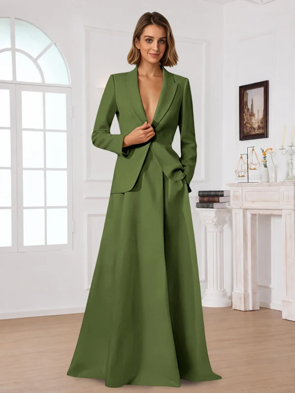 Elegant One Button Women's 2 Piece Suit Dress With Pocket Olive Green