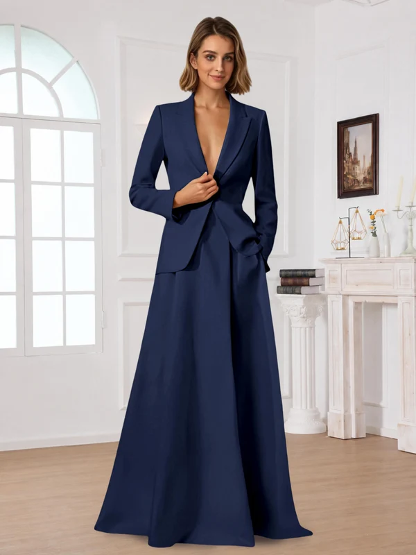 Elegant One Button Women's 2 Piece Suit Dress With Pocket Navy Blue