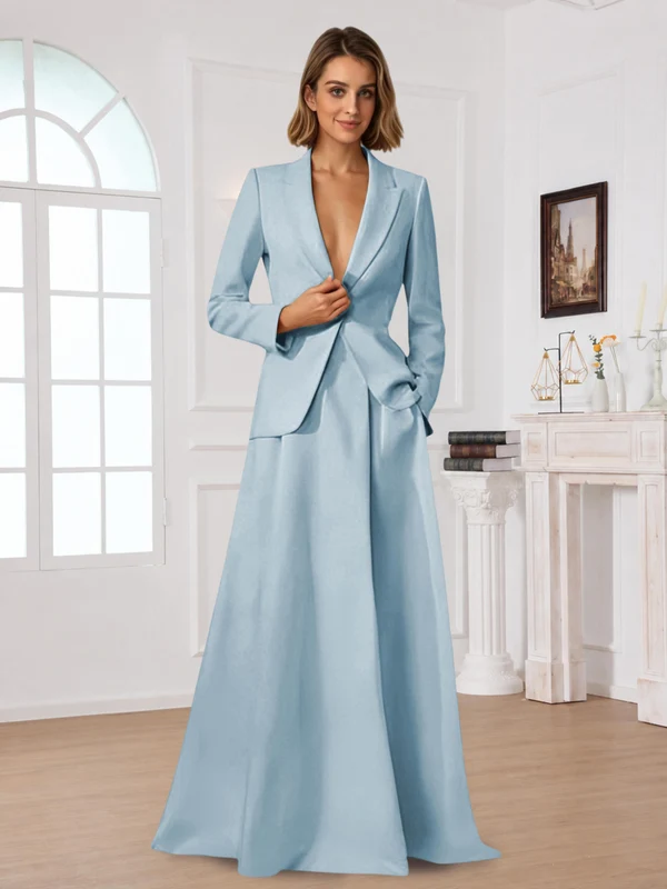 Elegant One Button Women's 2 Piece Suit Dress With Pocket Light Blue