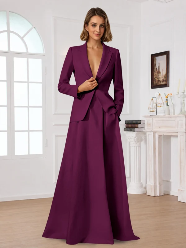 Elegant One Button Women's 2 Piece Suit Dress With Pocket Plum
