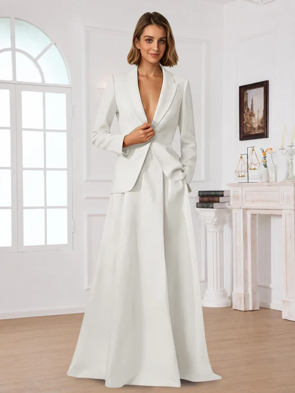 Elegant One Button Women's 2 Piece Suit Dress With Pocket Ivory