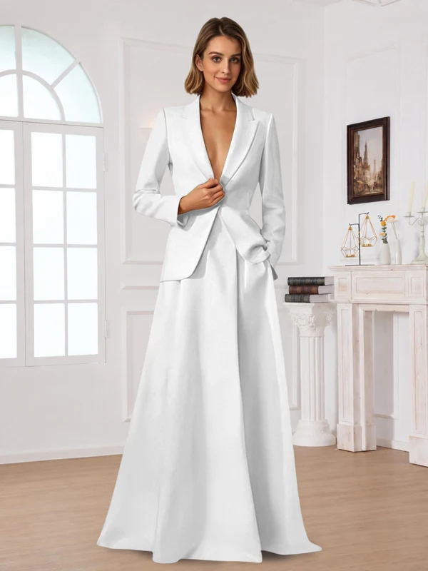 Elegant One Button Women's 2 Piece Suit Dress With Pocket White