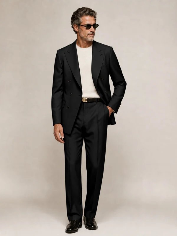Sophisticated Men's Double Breasted Peak Lapel 2‑Piece Suit Set for Office & Wedding Black