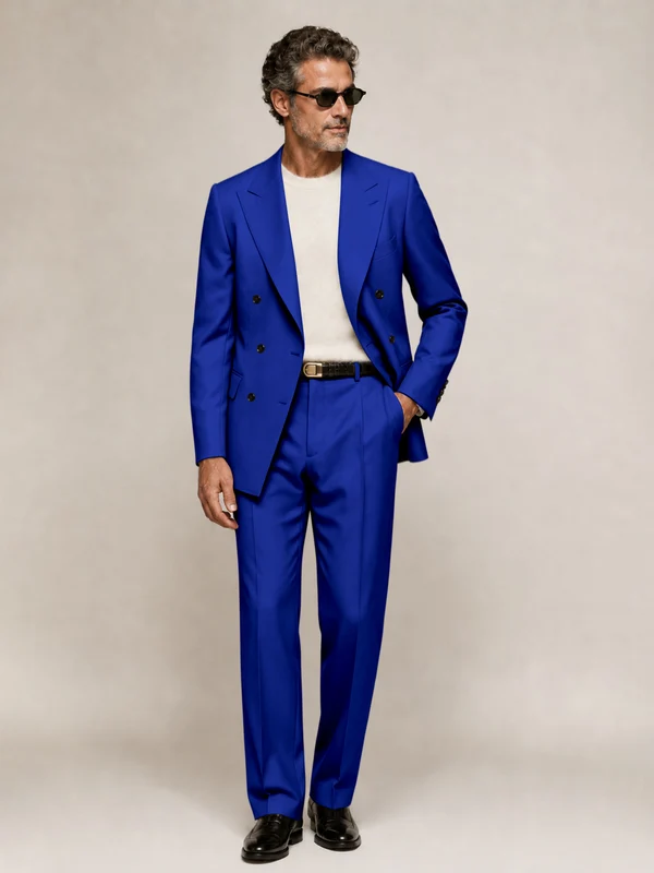 Sophisticated Men's Double Breasted Peak Lapel 2‑Piece Suit Set for Office & Wedding Royal Blue