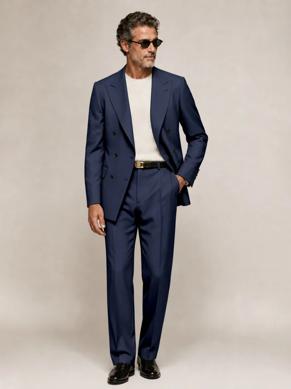 Sophisticated Men's Double Breasted Peak Lapel 2‑Piece Suit Set for Office & Wedding Navy Blue
