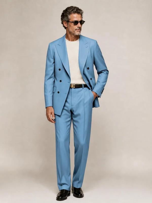 Sophisticated Men's Double Breasted Peak Lapel 2‑Piece Suit Set for Office & Wedding Light Blue