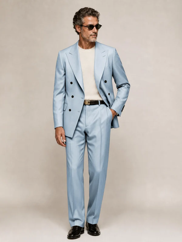 Sophisticated Men's Double Breasted Peak Lapel 2‑Piece Suit Set for Office & Wedding Powder Blue