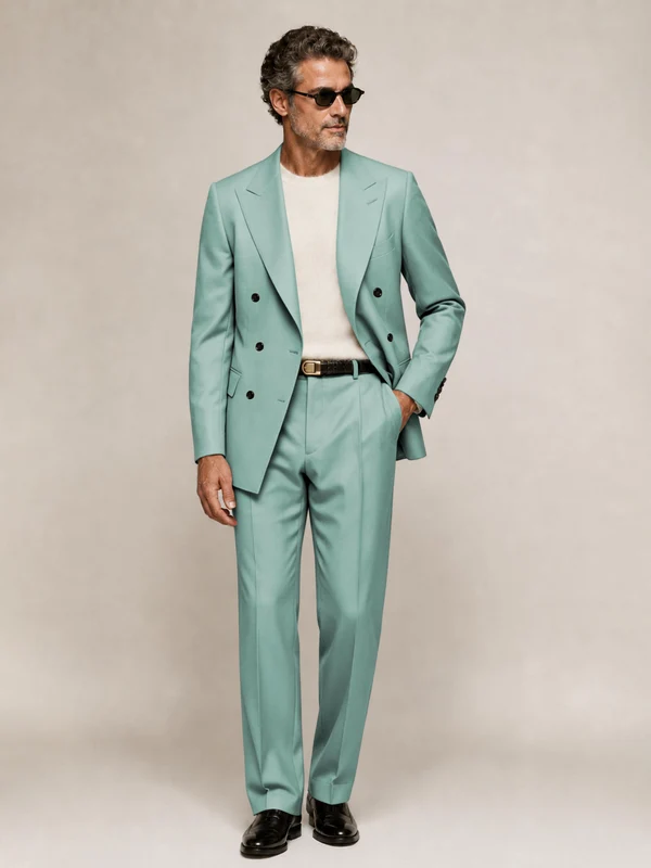 Sophisticated Men's Double Breasted Peak Lapel 2‑Piece Suit Set for Office & Wedding Turquoise