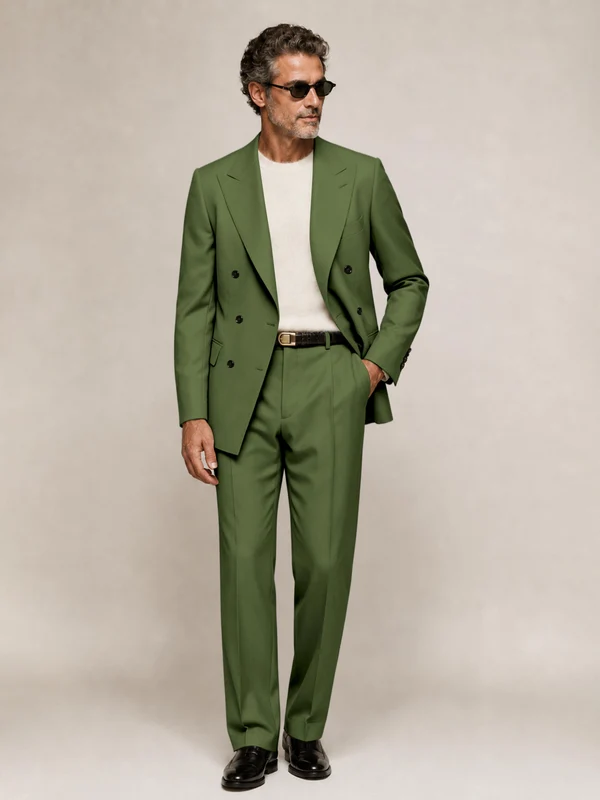 Sophisticated Men's Double Breasted Peak Lapel 2‑Piece Suit Set for Office & Wedding Olive Green
