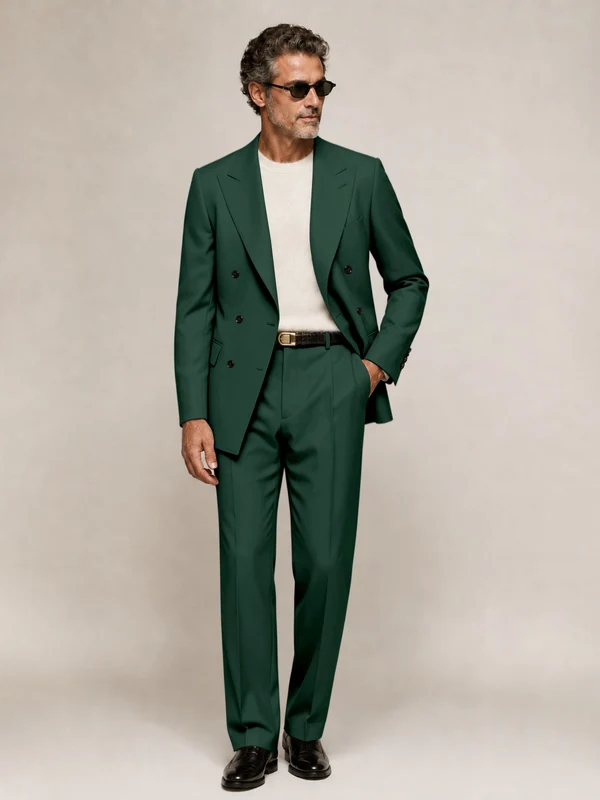 Sophisticated Men's Double Breasted Peak Lapel 2‑Piece Suit Set for Office & Wedding Emerald Green