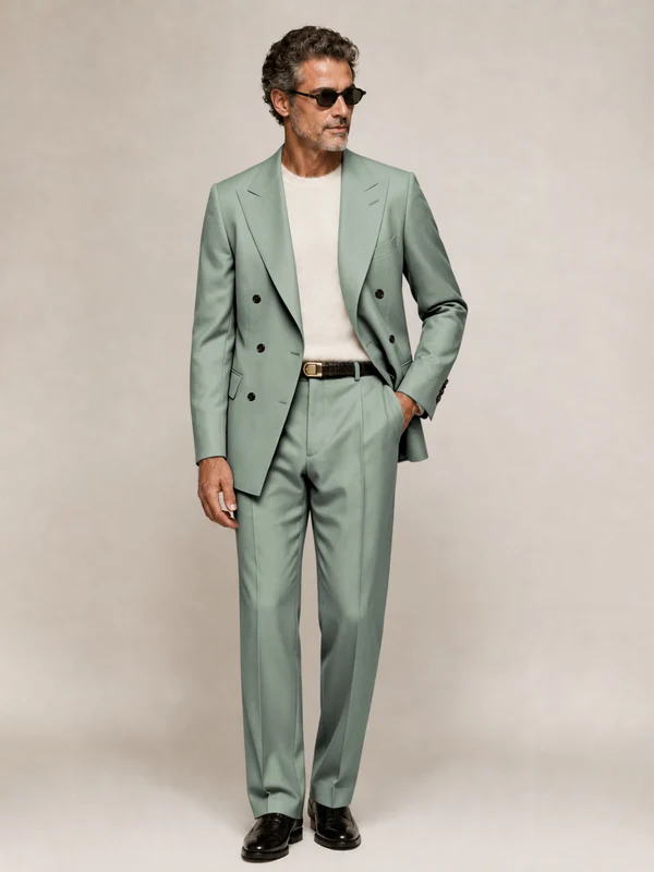 Sophisticated Men's Double Breasted Peak Lapel 2‑Piece Suit Set for Office & Wedding Eucalyptus