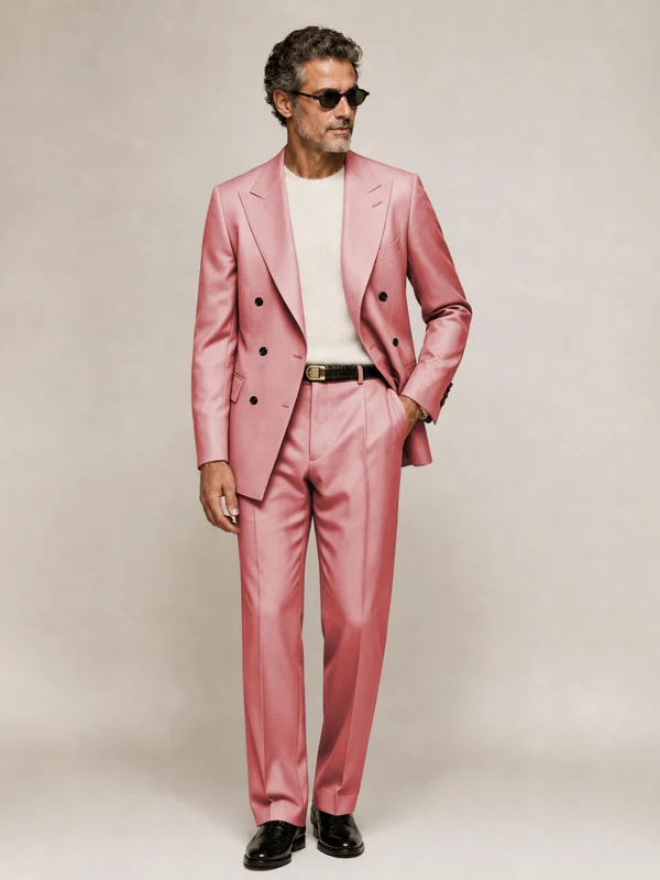 Sophisticated Men's Double Breasted Peak Lapel 2‑Piece Suit Set for Office & Wedding Coral