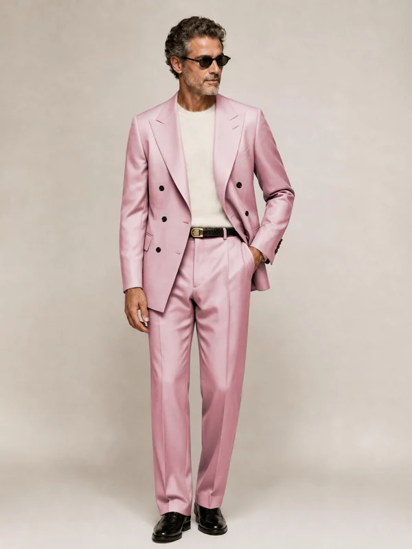 Sophisticated Men's Double Breasted Peak Lapel 2‑Piece Suit Set for Office & Wedding Pink