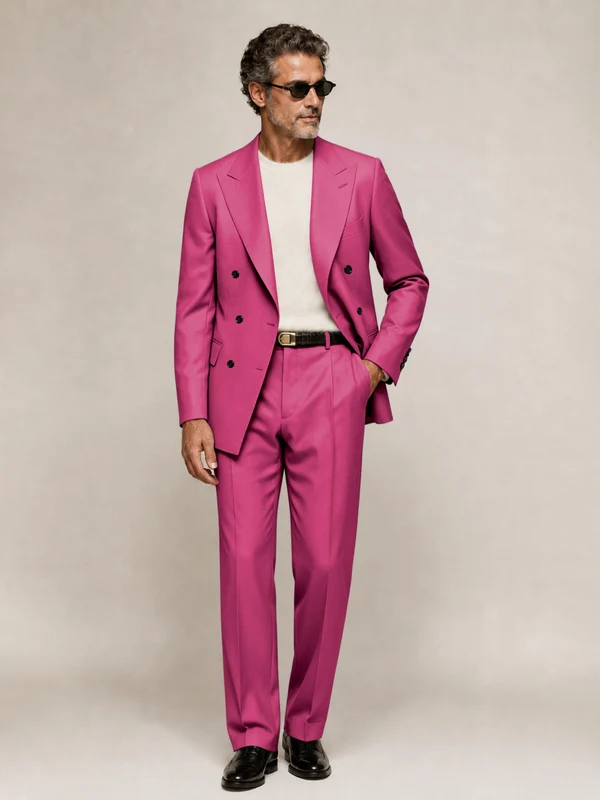 Sophisticated Men's Double Breasted Peak Lapel 2‑Piece Suit Set for Office & Wedding Hot Pink