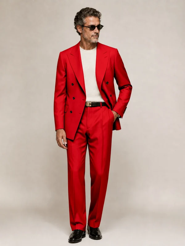 Sophisticated Men's Double Breasted Peak Lapel 2‑Piece Suit Set for Office & Wedding Red