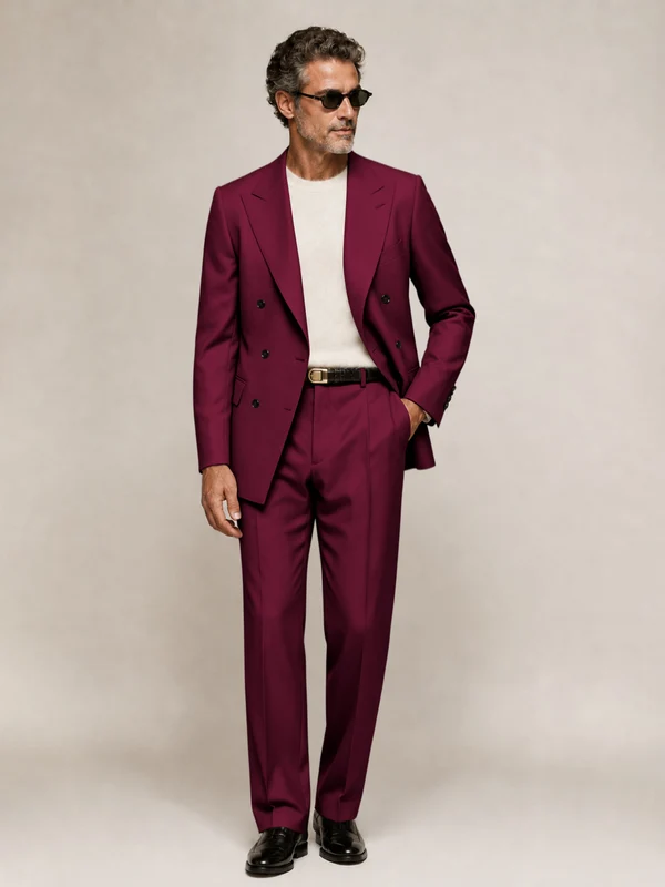 Sophisticated Men's Double Breasted Peak Lapel 2‑Piece Suit Set for Office & Wedding Burgundy