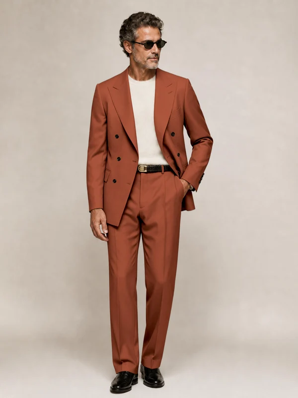 Sophisticated Men's Double Breasted Peak Lapel 2‑Piece Suit Set for Office & Wedding Rust