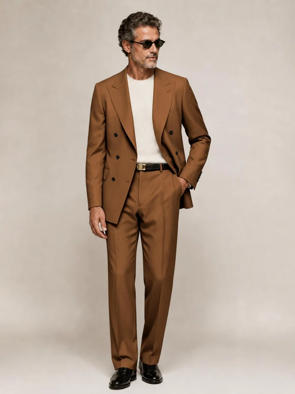 Sophisticated Men's Double Breasted Peak Lapel 2‑Piece Suit Set for Office & Wedding Burnt Orange