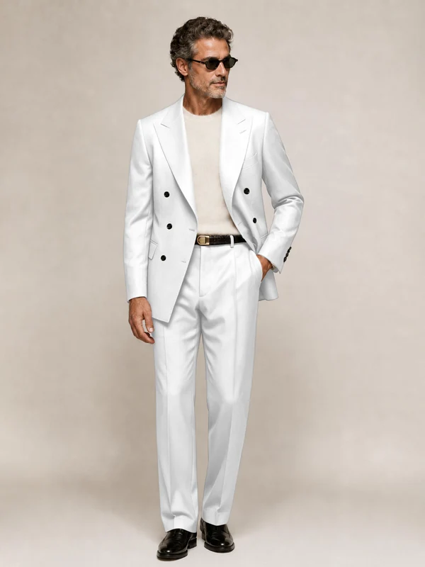 Sophisticated Men's Double Breasted Peak Lapel 2‑Piece Suit Set for Office & Wedding White