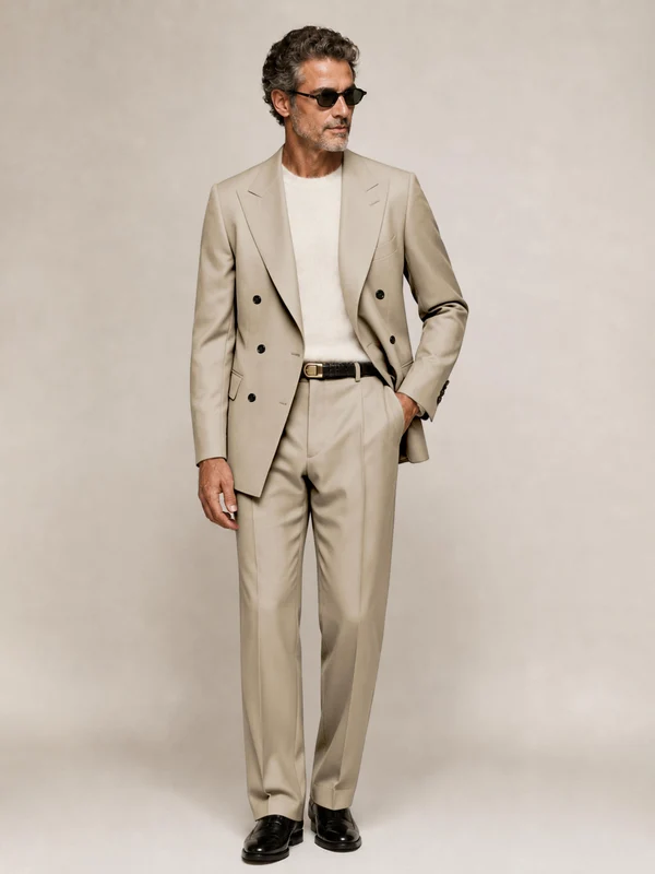 Sophisticated Men's Double Breasted Peak Lapel 2‑Piece Suit Set for Office & Wedding Cream