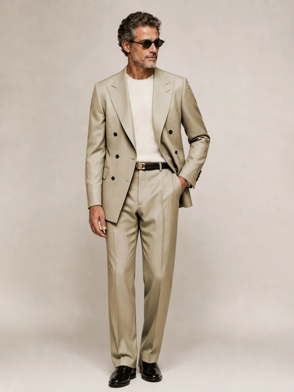 Sophisticated Men's Double Breasted Peak Lapel 2‑Piece Suit Set for Office & Wedding Champagne