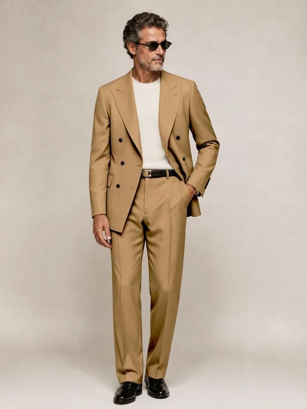 Sophisticated Men's Double Breasted Peak Lapel 2‑Piece Suit Set for Office & Wedding Gold