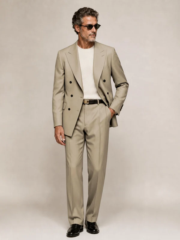 Sophisticated Men's Double Breasted Peak Lapel 2‑Piece Suit Set for Office & Wedding Khaki