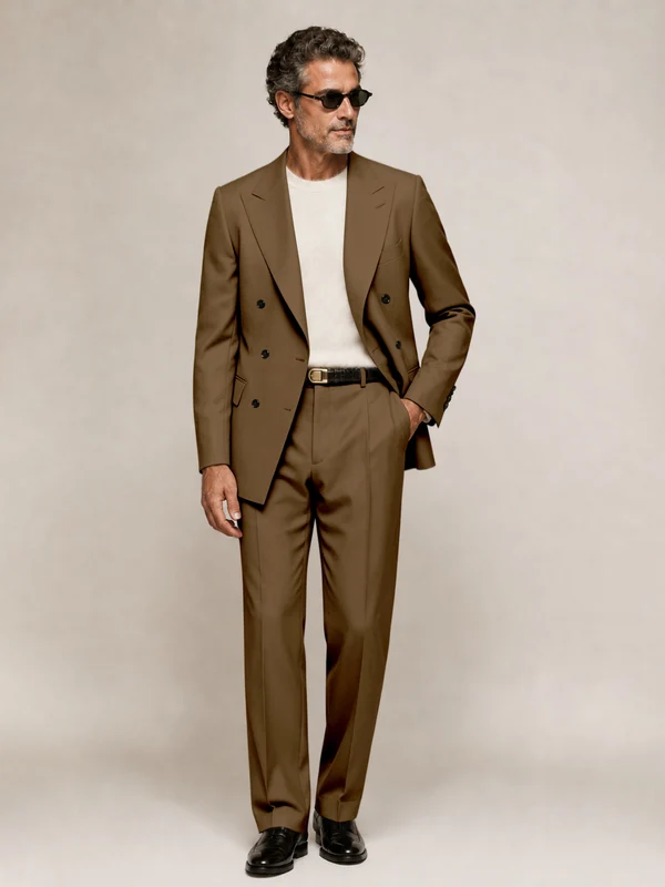 Sophisticated Men's Double Breasted Peak Lapel 2‑Piece Suit Set for Office & Wedding Brown