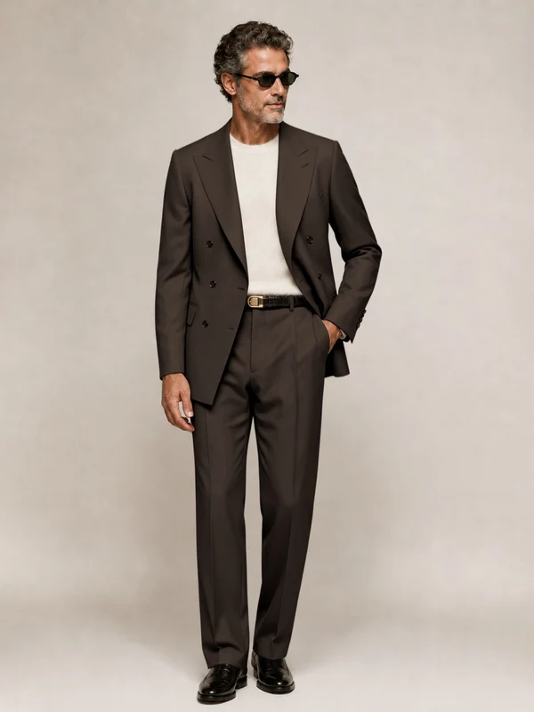 Sophisticated Men's Double Breasted Peak Lapel 2‑Piece Suit Set for Office & Wedding Chocolate