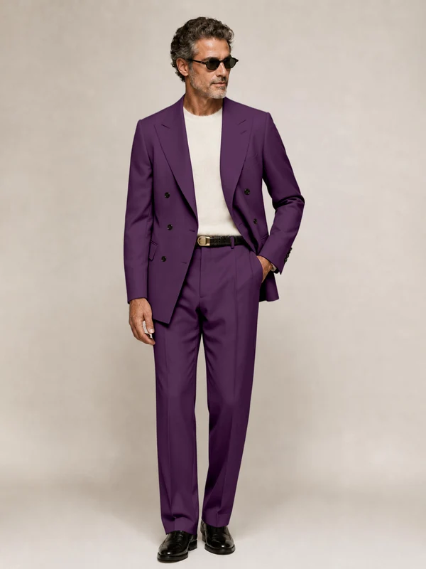 Sophisticated Men's Double Breasted Peak Lapel 2‑Piece Suit Set for Office & Wedding Plum