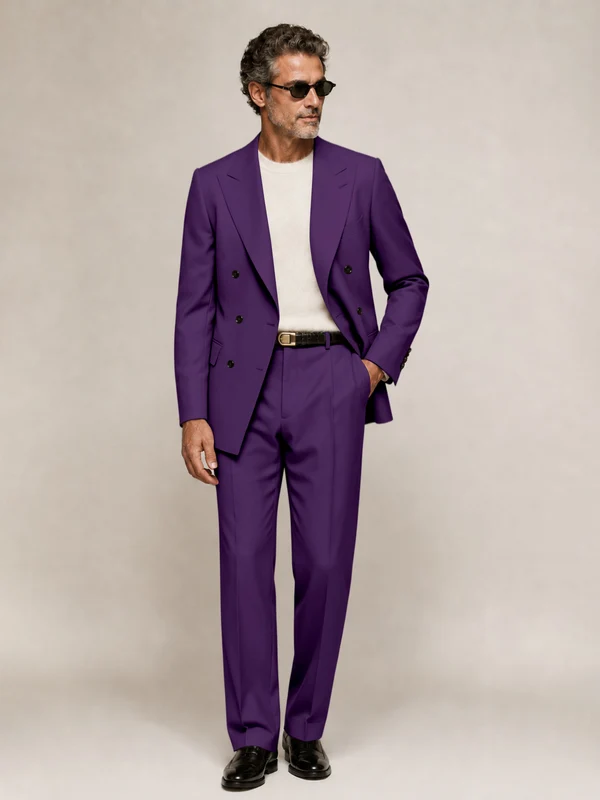 Sophisticated Men's Double Breasted Peak Lapel 2‑Piece Suit Set for Office & Wedding Purple
