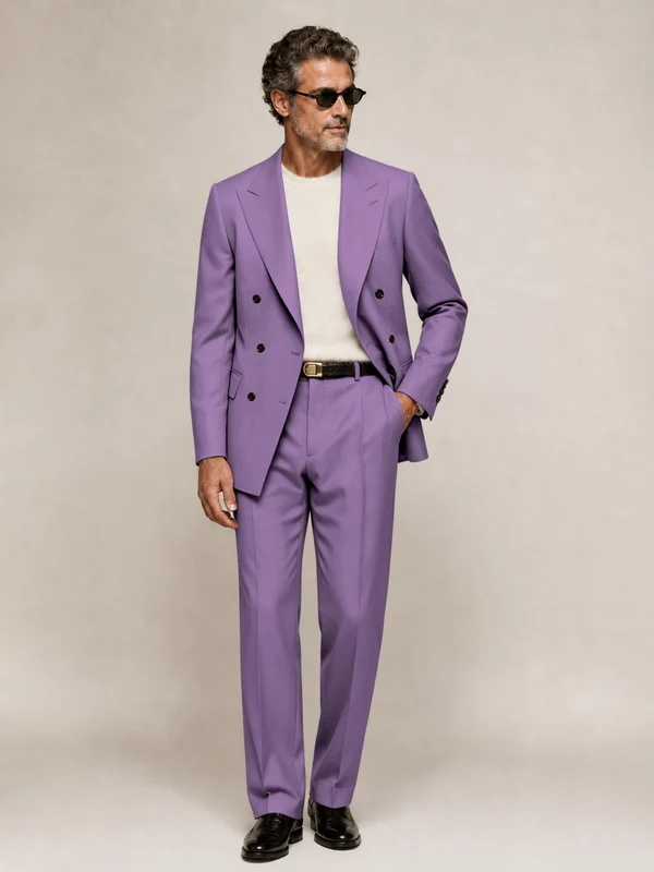 Sophisticated Men's Double Breasted Peak Lapel 2‑Piece Suit Set for Office & Wedding Lilac
