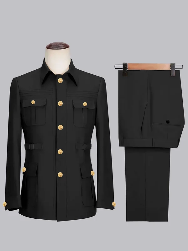 Men's 2 Pieces Safari Suit with Belt Single Breasted Casual Style Black