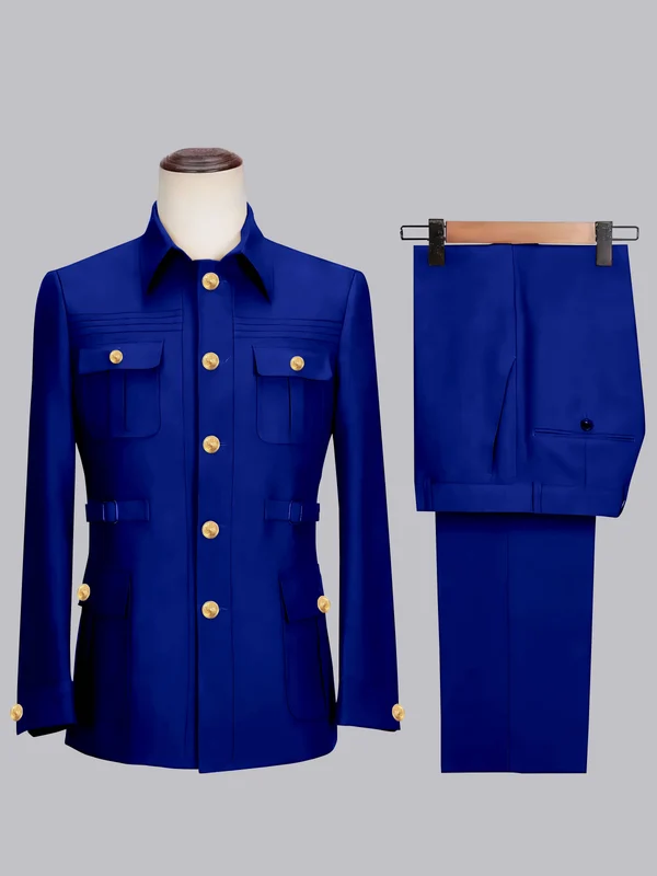 Men's 2 Pieces Safari Suit with Belt Single Breasted Casual Style Royal Blue