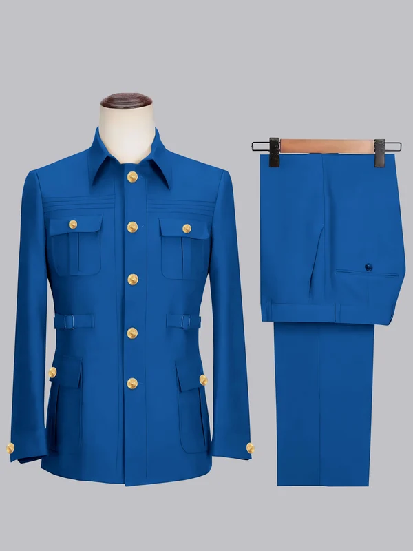 Men's 2 Pieces Safari Suit with Belt Single Breasted Casual Style Blue