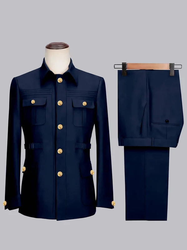 Men's 2 Pieces Safari Suit with Belt Single Breasted Casual Style Navy Blue
