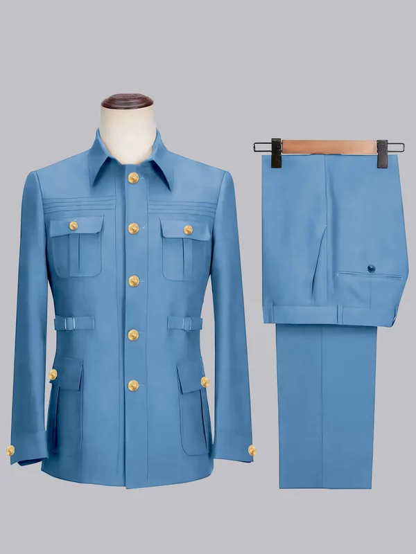 Men's 2 Pieces Safari Suit with Belt Single Breasted Casual Style Light Blue