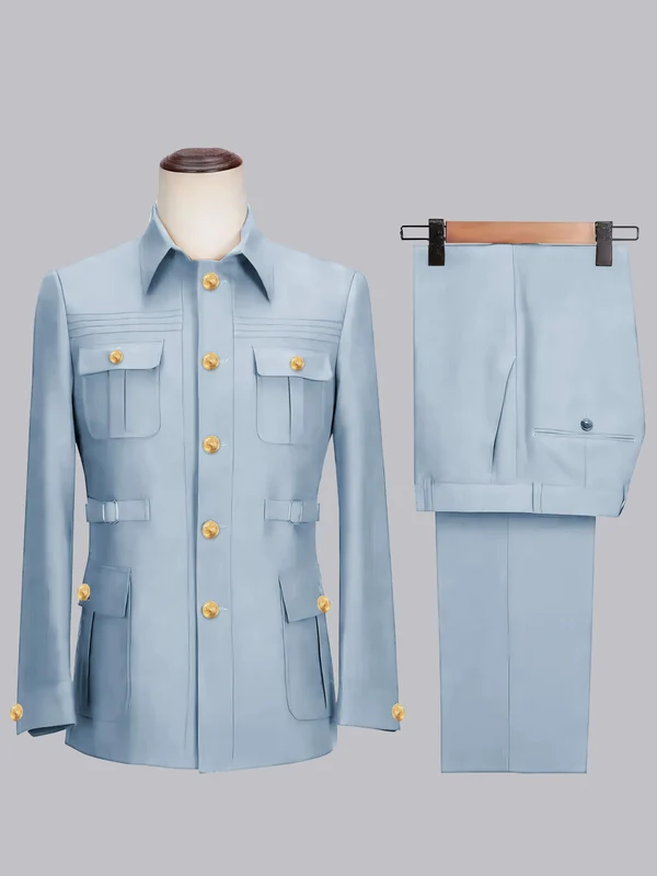 Men's 2 Pieces Safari Suit with Belt Single Breasted Casual Style Powder Blue