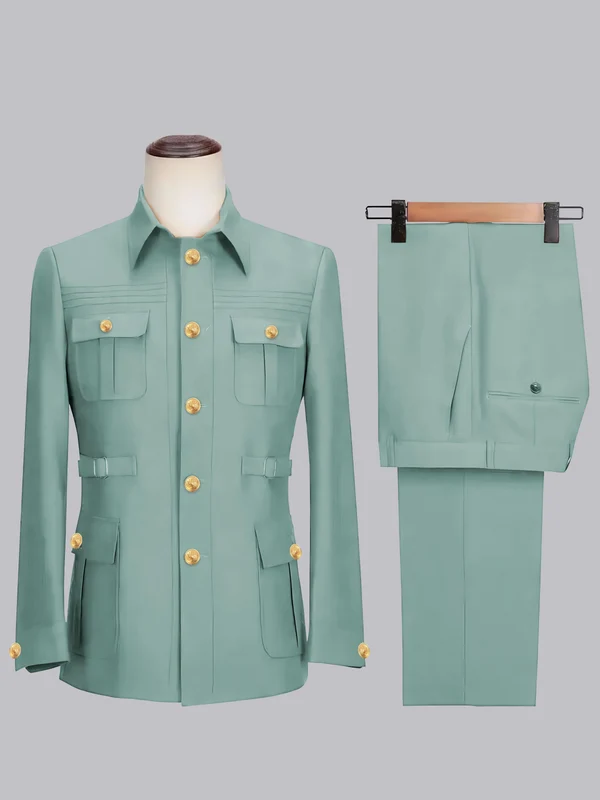 Men's 2 Pieces Safari Suit with Belt Single Breasted Casual Style Turquoise